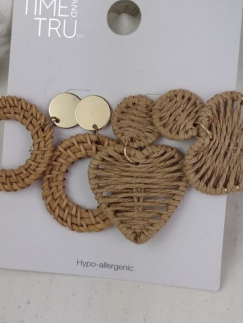 Delightful & Yes, Stylish Natural Rattan Heart & Hoop Drop Earrings Set Of 2 NWT